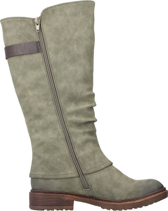 Knee-high, wrinkled sage green boot with a side zipper and brown sole.