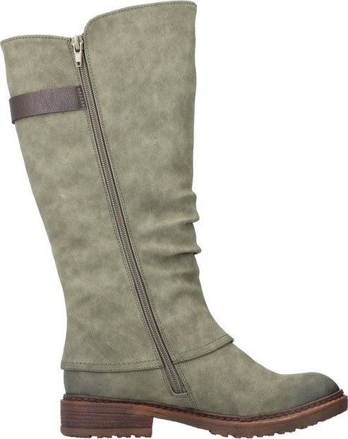 Knee-high, wrinkled sage green boot with a side zipper and brown sole.