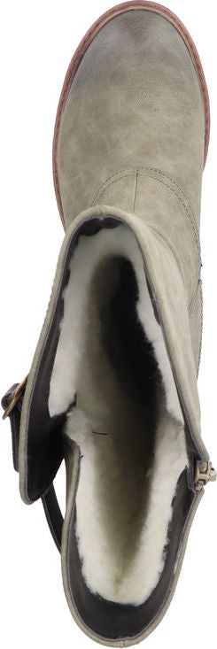 Top-down view of a gray ankle boot lined with white shearling.