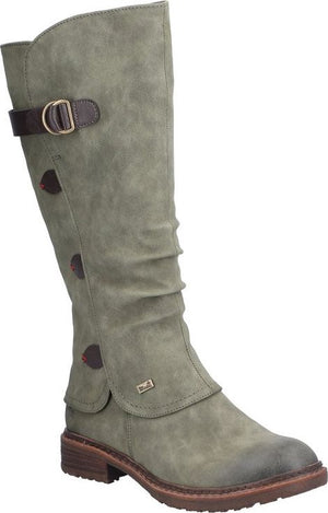 Knee-high, matte green boot with a brown buckled strap at the top, decorative buttons, and a stacked heel.