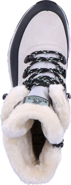 An eye-level shot shows a high-top shoe with fur trim around the ankle, speckled black and white laces, and a grey tag with the word "EVOLUTION".