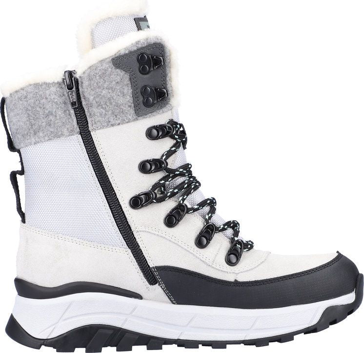 A high-top white winter boot with a side zipper, black and white laces, faux fur lining, and black trim.