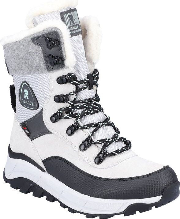 High-cut, white winter boot with black accents, white and black laces, faux fur lining and "Revolution" logo.