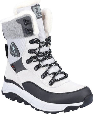 High-cut, white winter boot with black accents, white and black laces, faux fur lining and "Revolution" logo.