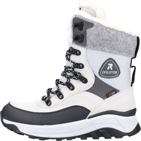 High-cut winter boot with lace-up closure and white, gray and black panels. The boot has a thick white sole with black treads and a padded faux fur collar.