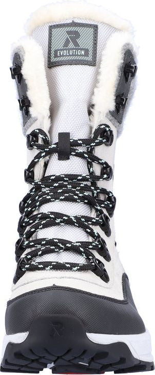 A front view of a white boot with black laces and gray accents, featuring a fuzzy white lining around the top.