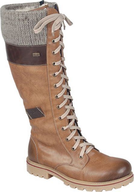 Knee-high, lace-up, tan boot with a knitted, gray-colored sock-like top.