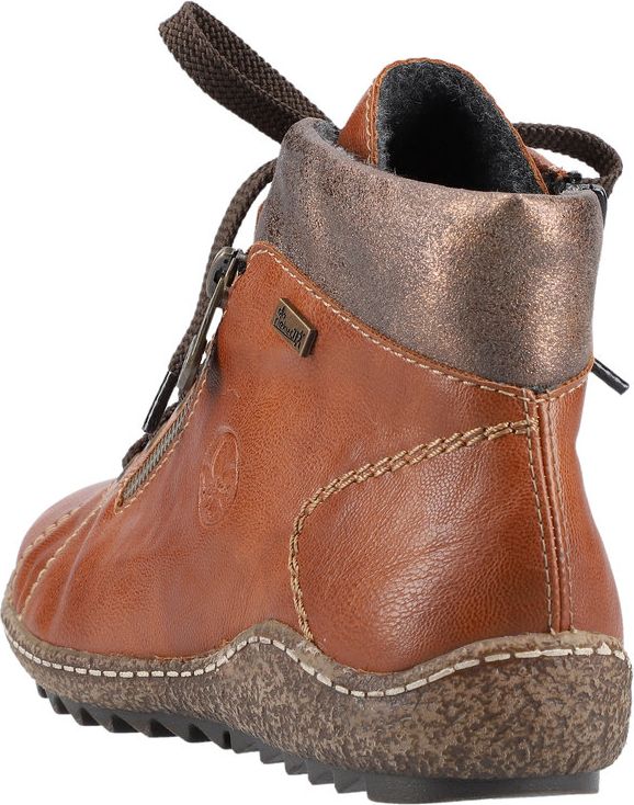 Leather ankle boot with a brown lace-up closure and side zipper.