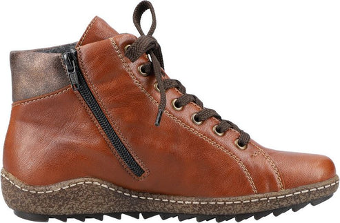 Brown leather ankle boot with laces and side zipper.