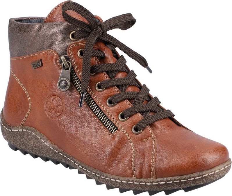 Brown ankle boot with brown laces and side zipper