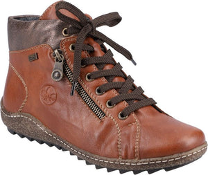 Brown ankle boot with brown laces and side zipper