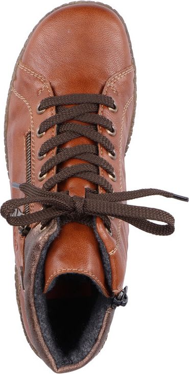 Top-down view of a brown leather ankle boot with dark brown laces.