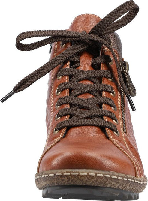 Tan ankle boot with dark brown laces tied at the top and a side zipper.