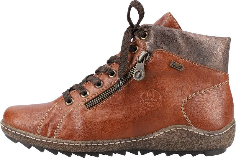 Side view of a brown ankle boot with laces and zipper.