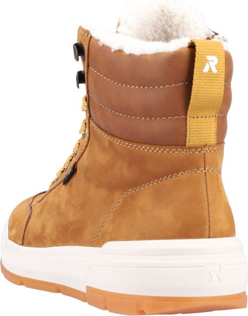 Tan high-top boot with white faux fur lining, side zipper, and thick white and tan sole.