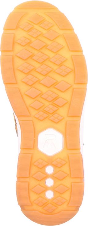 Sole of a shoe with a pattern of diamond shapes and a white design.