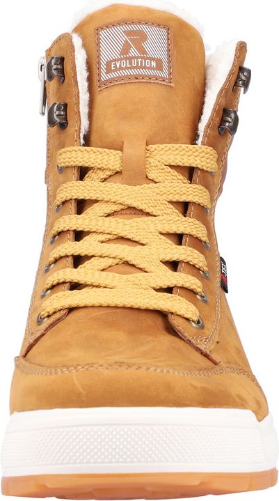 A tan, high-top, lace-up boot with white interior fur and a white sole. A square label at the top reads 'EVOLUTION' with a logo of the letter 'R' behind two crossing arrows.
