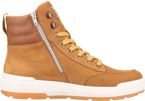 Tan, laced, ankle-high boot with side zipper and white sole.