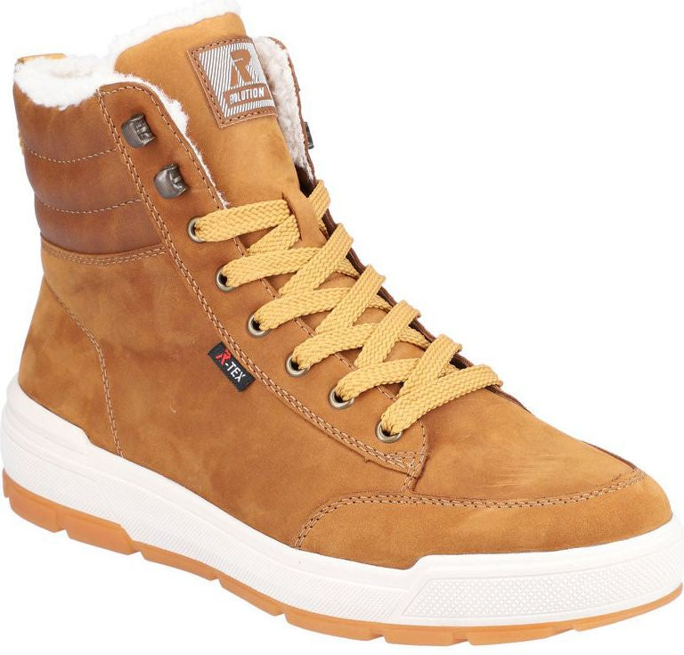 High-top sneaker with yellow laces, tan exterior, white sole, and fur lining.