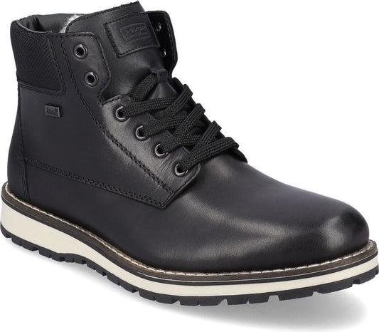 Black leather boot with laces, a white and brown sole, and metal eyelets.