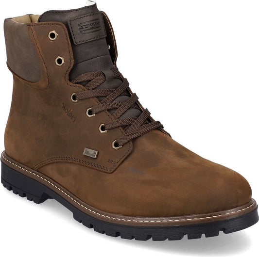 Brown leather ankle boot with laces and lug sole.