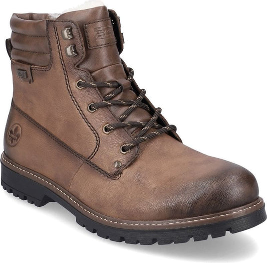 Brown lace-up boot with metallic eyelets, lug sole, faux fur lining