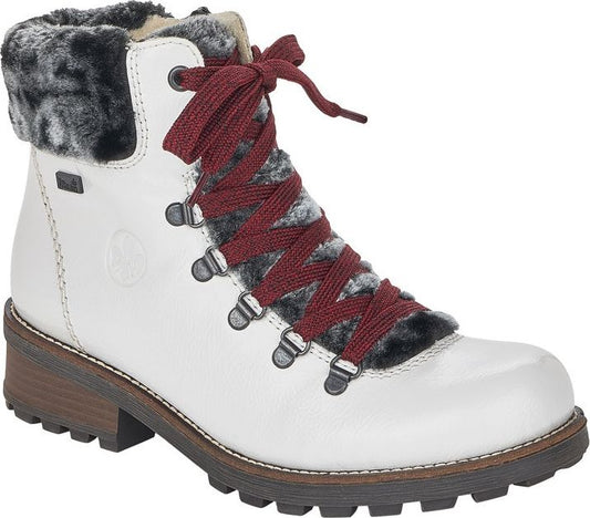 White ankle boot with dark red laces, faux fur trim at the collar, and lug sole.
