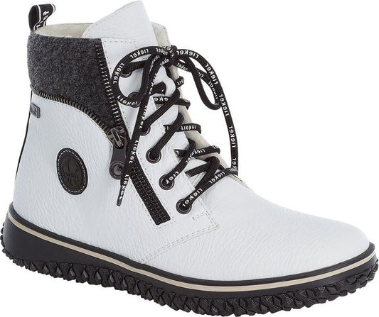 White ankle boot with laces and zipper.