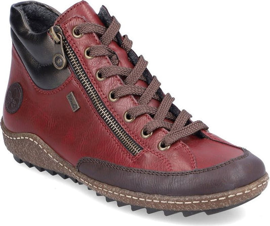 Red ankle boot with brown laces and a side zipper.