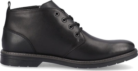 Black leather chukka boot with eyelets and pull tab.