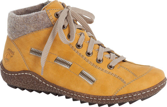 Low-top mustard yellow bootie with gray felt collar and decorative zippers with lace-up closure on a ridged brown sole.