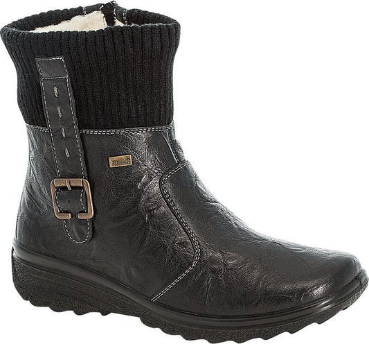 Black ankle boot with knit cuff, buckle detail and textured sole.