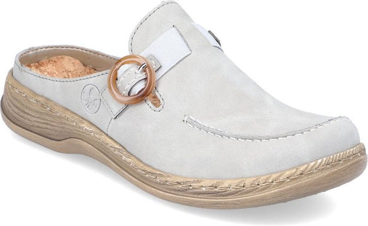 A mule shoe with a rounded square toe, beige sole, and a decorative ring and strap.