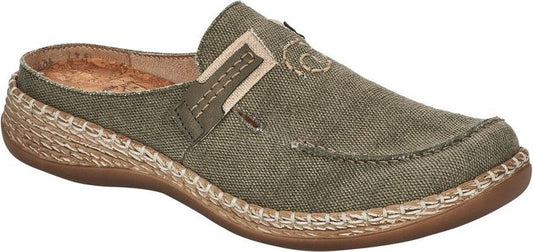 Olive green canvas clog with decorative stitching and a low wedge heel.