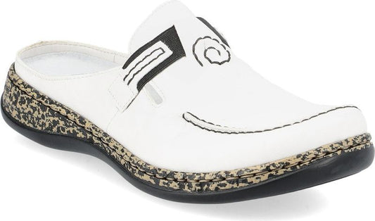 White leather clog with decorative stitching and patterned midsole