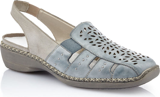 Gray leather sandal with slingback, perforations, and embellished with tiny rhinestones.