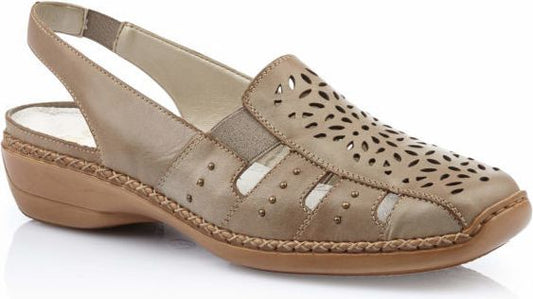 Taupe slingback shoe with cutouts and low wedge heel.