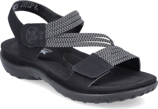 Black sandal with gray and white straps, with adjustable hook-and-loop closures.