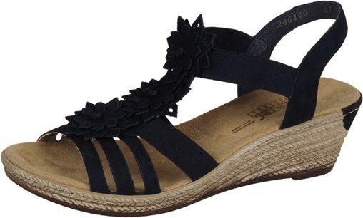Black wedged sandal with flower detail.