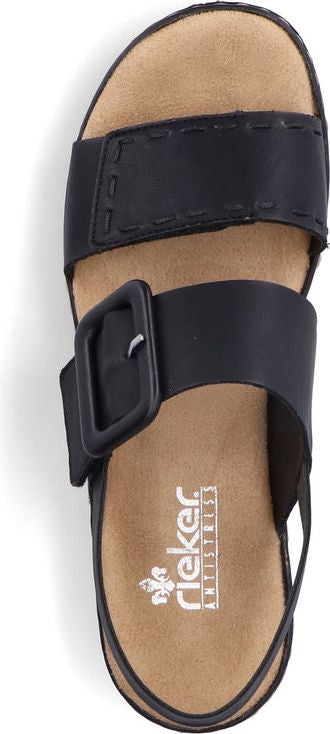 A black sandal with thick straps and a buckle.