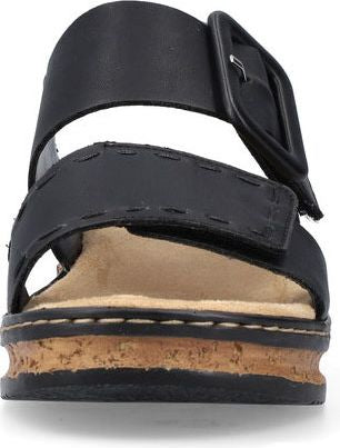Black platform sandal with buckle.