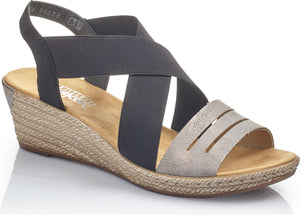 Wedge sandal with gray elastic straps across the foot and around the heel, and a silver toe band with cutouts.