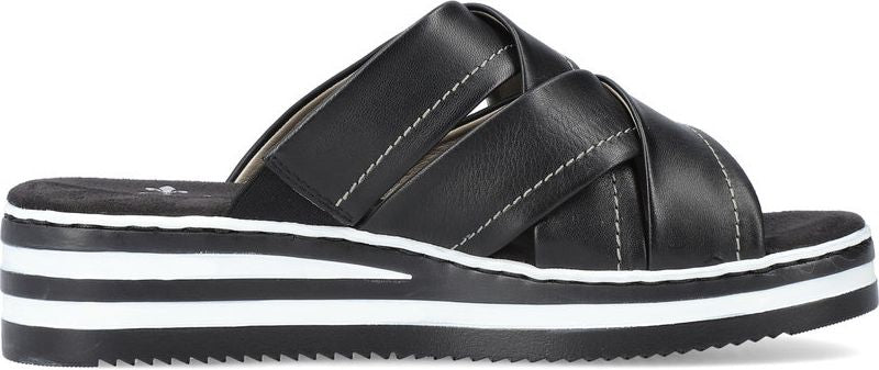A black sandal with criss-cross straps and a striped platform sole.