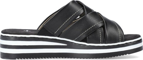 A black sandal with criss-cross straps and a striped platform sole.