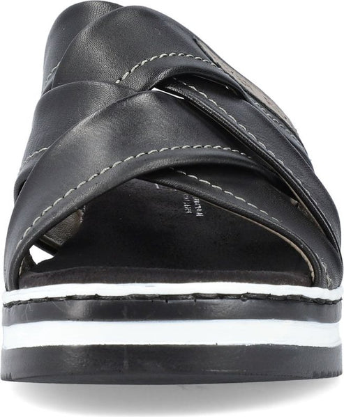 Black sandal with wide crisscrossing straps and a thick white and black sole.