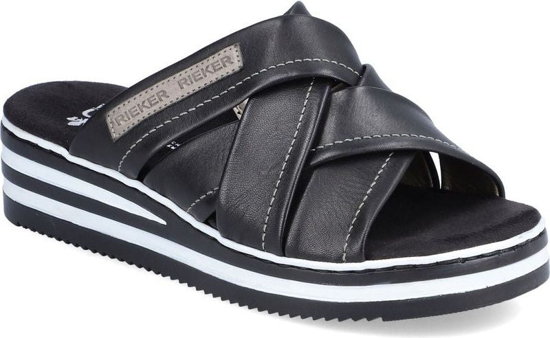 Black sandal with white sole stripes and an overlapping cross-strap design; one strap has a 'RIEKER RIEKER' tag.