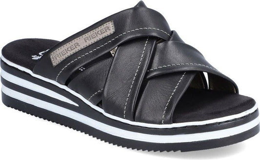 Black sandal with white sole stripes and an overlapping cross-strap design; one strap has a 'RIEKER RIEKER' tag.