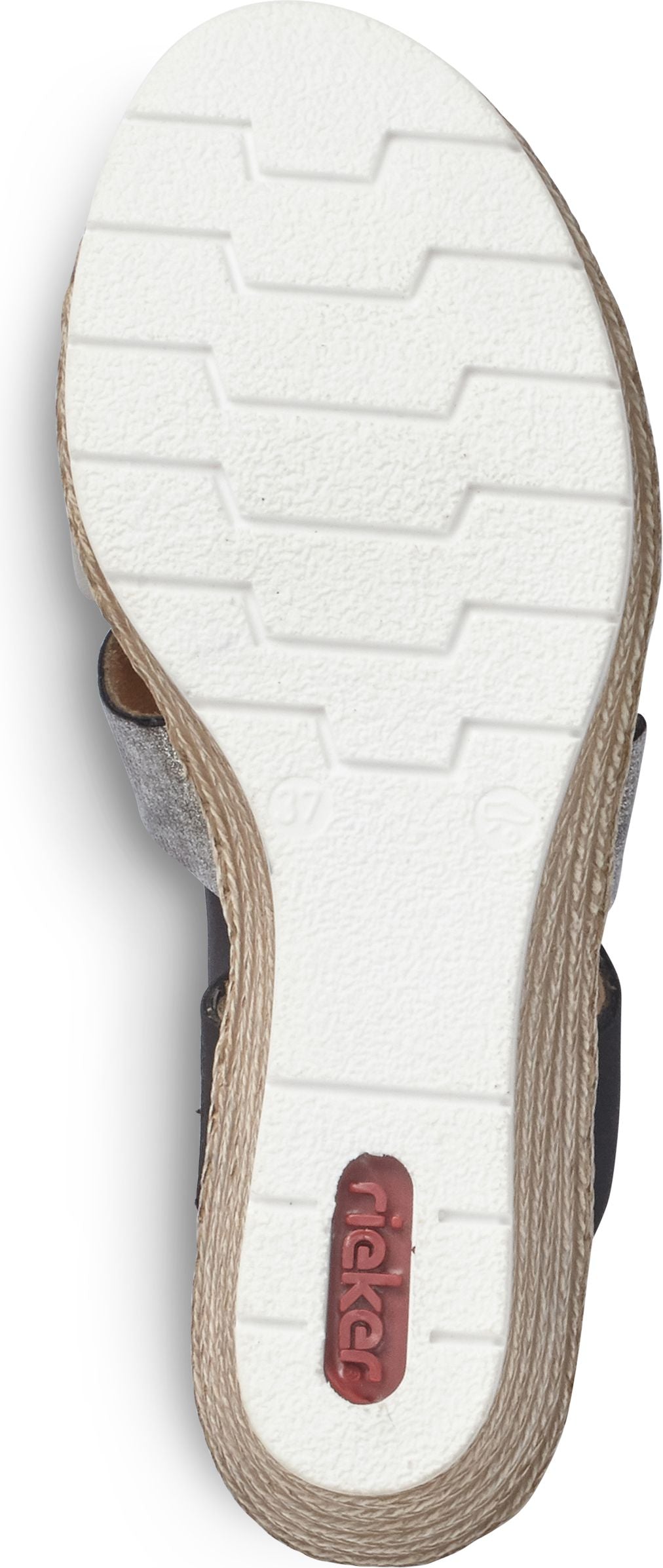 The sandal has a white rubber sole with the text 'Rieker' inscribed on it, surrounded by a beige platform.
