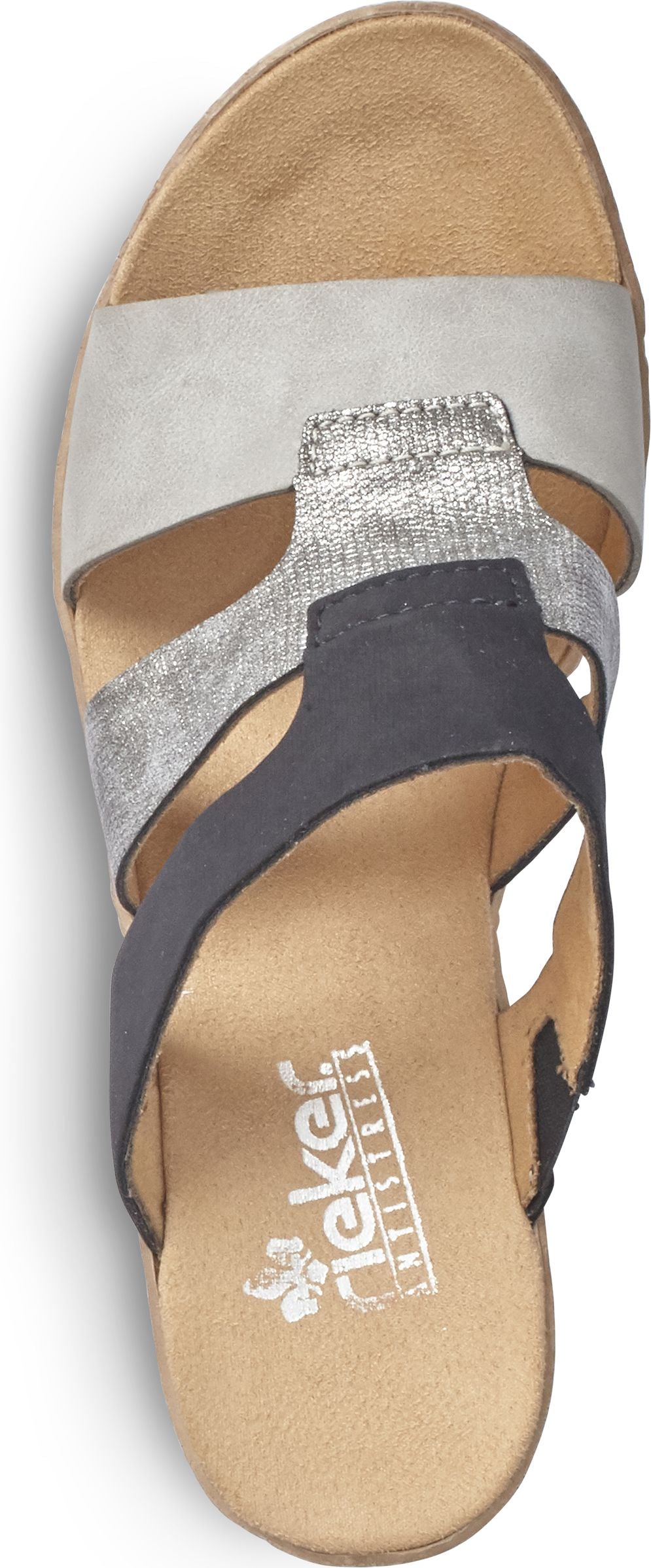 A sandal with silver, gray, and black straps.