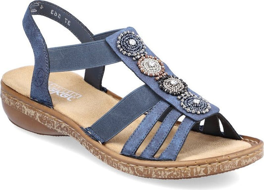 A blue sandal with multiple thin straps and decorative circular beads.